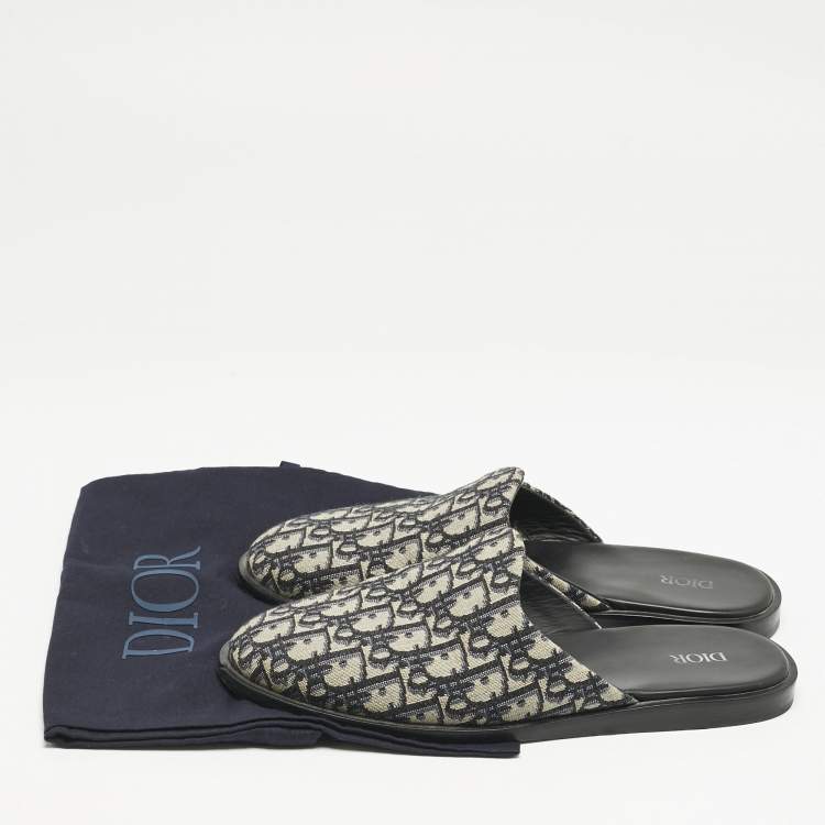 Pre Owned Dior Navy Blue Oblique Embroidered Canvas Indior Flat Mules Size 42