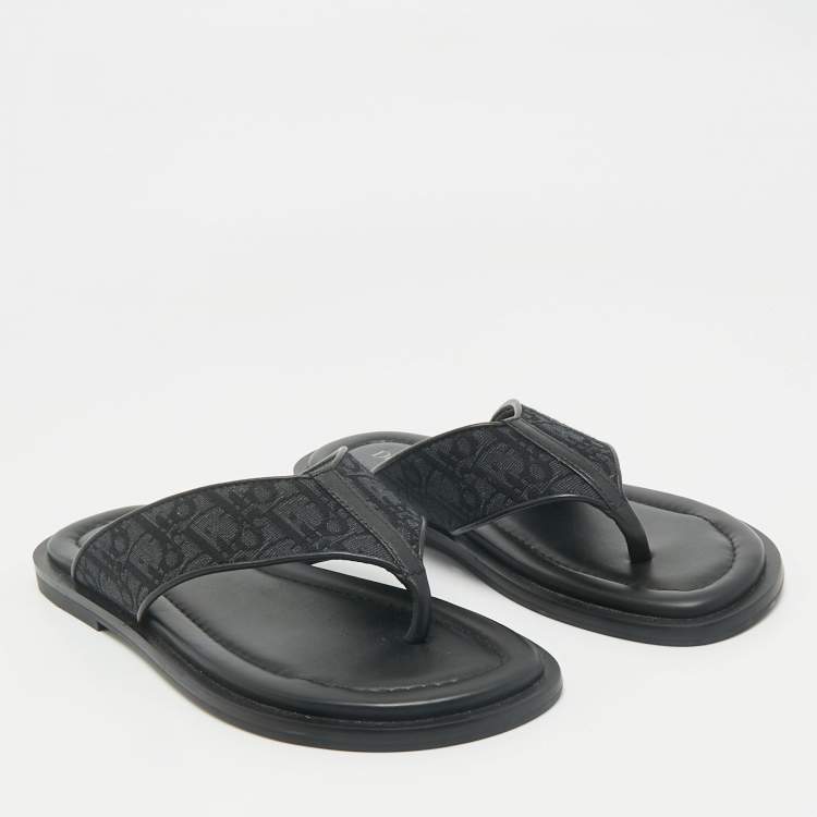 Pre Owned Dior Black Oblique Jacquard and Leather Alias Flat Thong Sandals Size 41