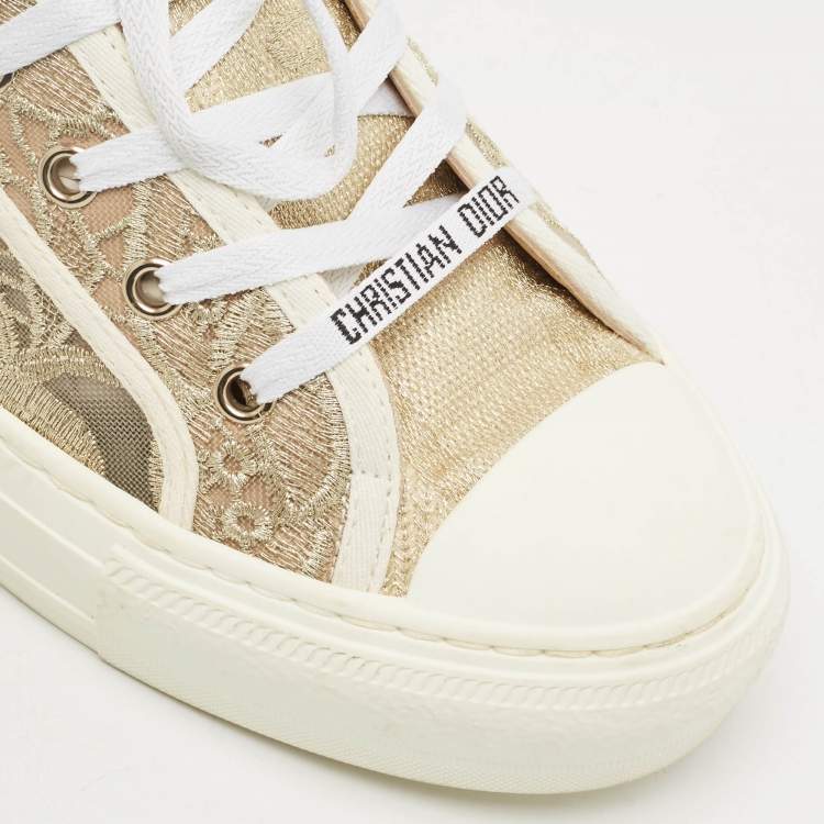 Pre Owned Dior Gold/White Lace and Mesh Walk'n'Dior Sneakers Size 39.5