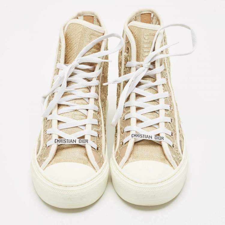 Pre Owned Dior Gold/White Lace and Mesh Walk'n'Dior Sneakers Size 39.5