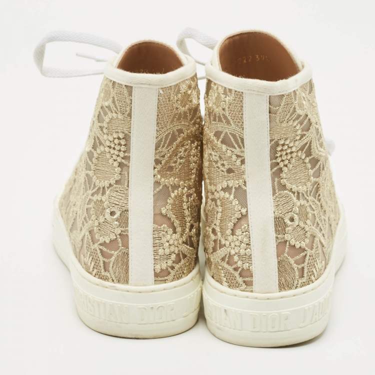 Pre Owned Dior Gold/White Lace and Mesh Walk'n'Dior Sneakers Size 39.5