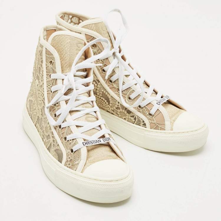 Pre Owned Dior Gold/White Lace and Mesh Walk'n'Dior Sneakers Size 39.5
