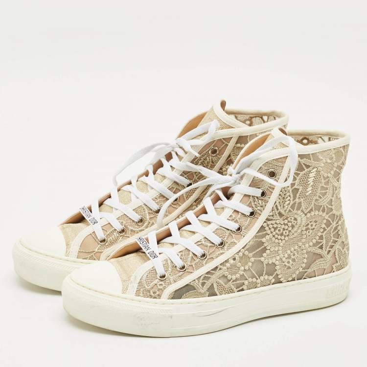 Pre Owned Dior Gold/White Lace and Mesh Walk'n'Dior Sneakers Size 39.5