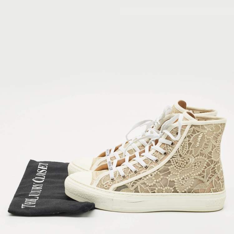 Pre Owned Dior Gold/White Lace and Mesh Walk'n'Dior Sneakers Size 39.5
