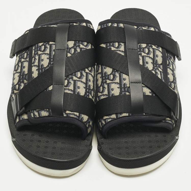 Pre Owned Dior Navy Blue/Black Oblique Canvas Alpha Flat Slide Sandals Size 48
