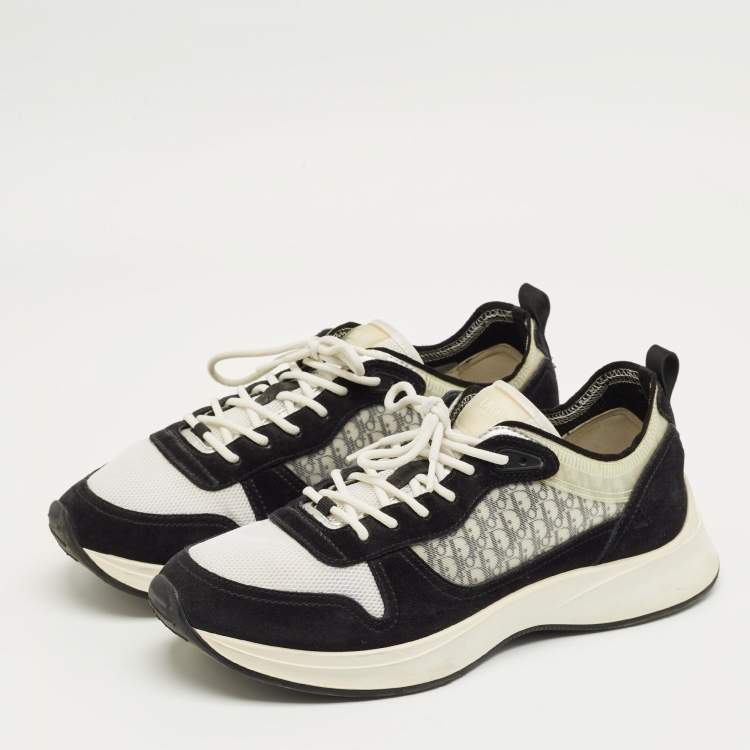 Pre Owned Dior Black/White Suede and Oblique Mesh Runner B25 Lace Up Sneakers Size 46