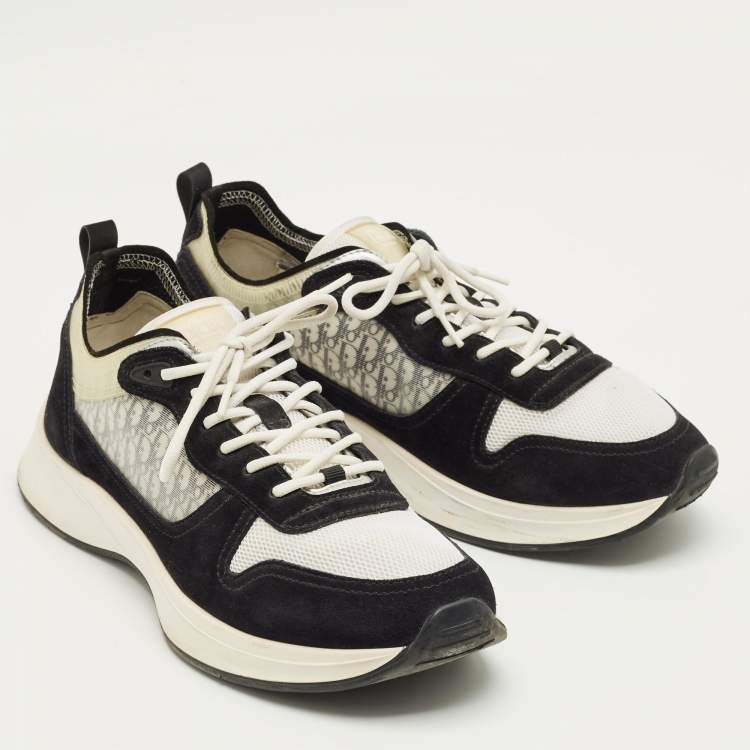 Pre Owned Dior Black/White Suede and Oblique Mesh Runner B25 Lace Up Sneakers Size 46