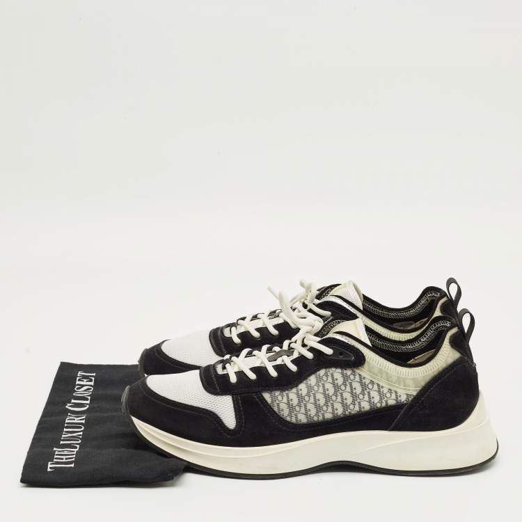 Pre Owned Dior Black/White Suede and Oblique Mesh Runner B25 Lace Up Sneakers Size 46