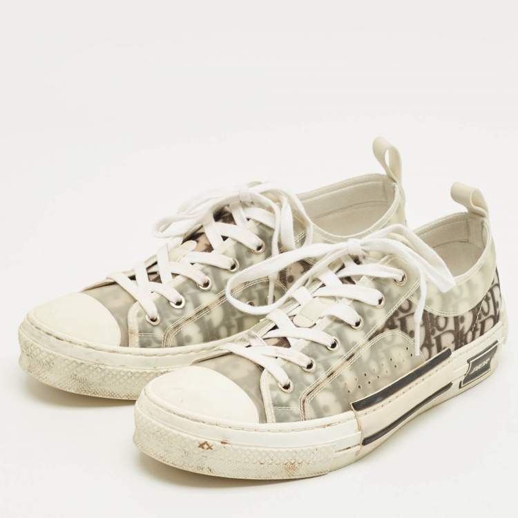 Pre Owned Dior White/Black Oblique Mesh and Rubber B23 Low Top Sneakers Size 42