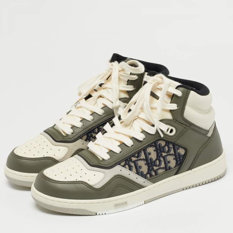Pre Owned Christian Dior Green/Beige Leather and Canvas B27 High Top Sneakers Size 41.5