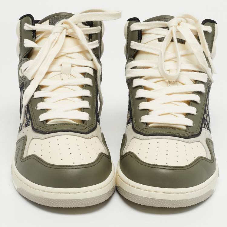 Pre Owned Christian Dior Green/Beige Leather and Canvas B27 High Top Sneakers Size 41.5