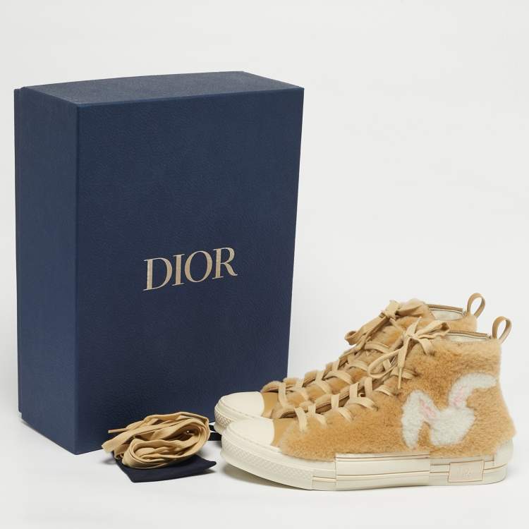 Pre Owned Dior Beige Leather and Shearling Fur B23 High Top Sneakers Size 42
