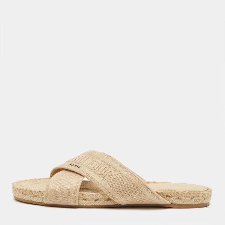 Pre Owned Dior Granville Size 40.5 Beige Canvas Crisscross Flat Slide