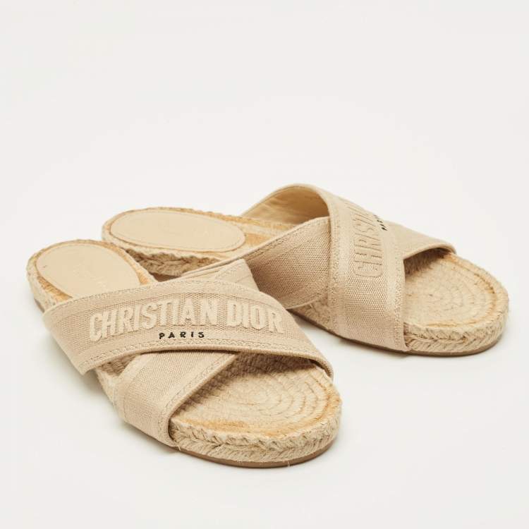 Pre Owned Dior Granville Size 40.5 Beige Canvas Crisscross Flat Slide