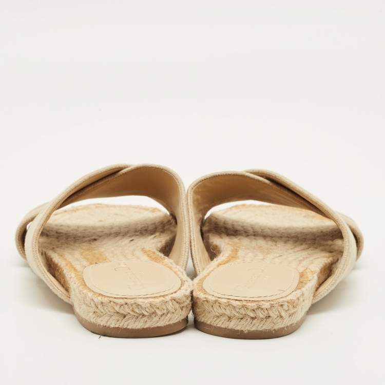 Pre Owned Dior Granville Size 40.5 Beige Canvas Crisscross Flat Slide