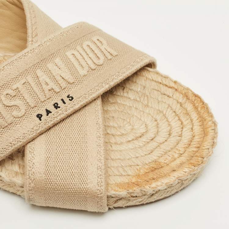 Pre Owned Dior Granville Size 40.5 Beige Canvas Crisscross Flat Slide