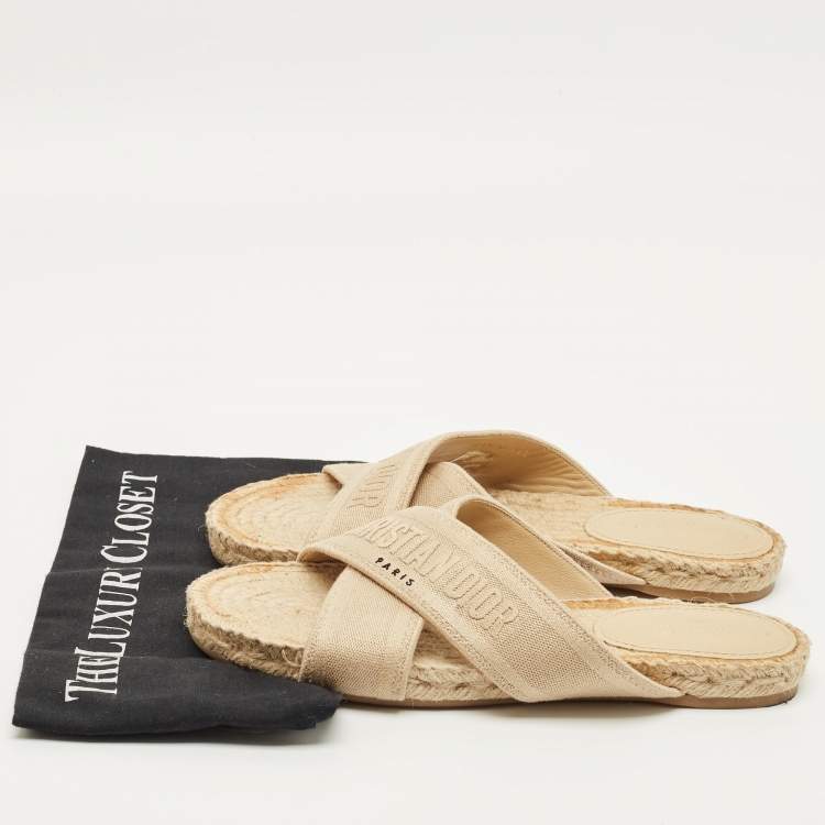 Pre Owned Dior Granville Size 40.5 Beige Canvas Crisscross Flat Slide