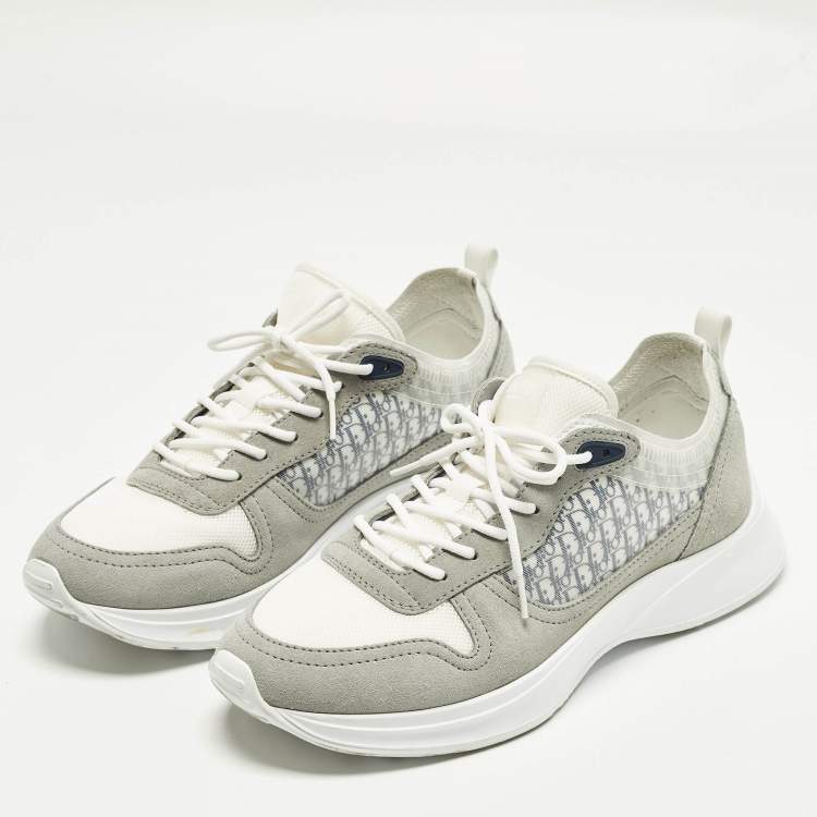 Pre Owned Dior B25 Size 46 Grey Oblique Fabric and Suede Lace Up Sneakers        