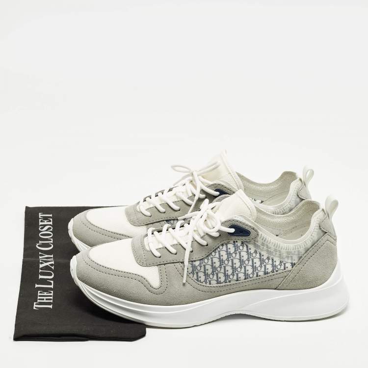 Pre Owned Dior B25 Size 46 Grey Oblique Fabric and Suede Lace Up Sneakers        