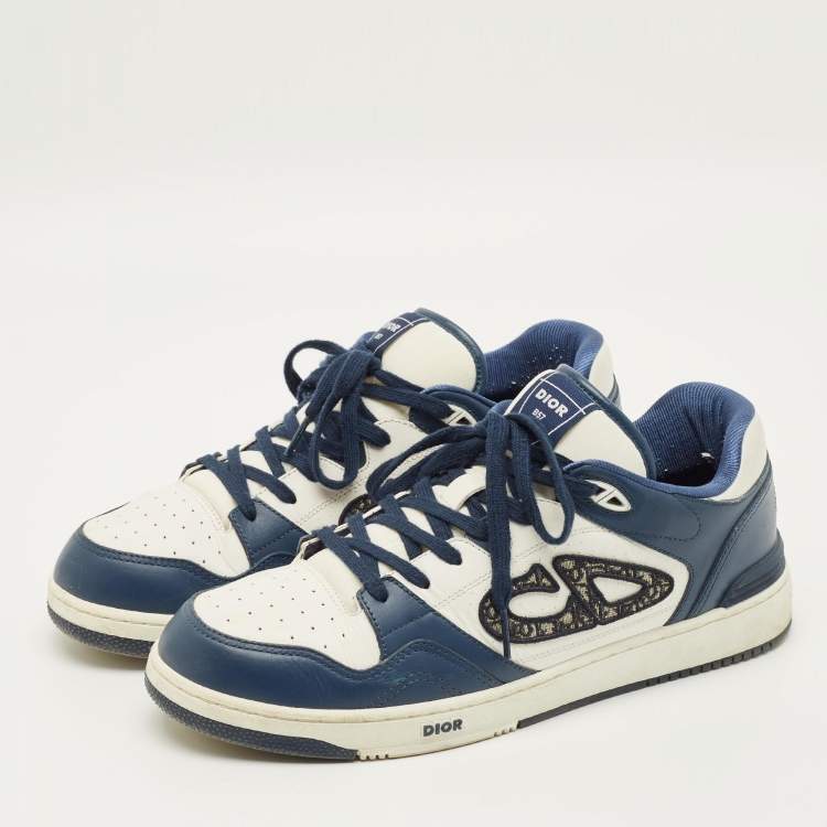 Pre Owned Dior B57 Size 45 White/Navy Blue Leather Dribble Lace Up Sneakers