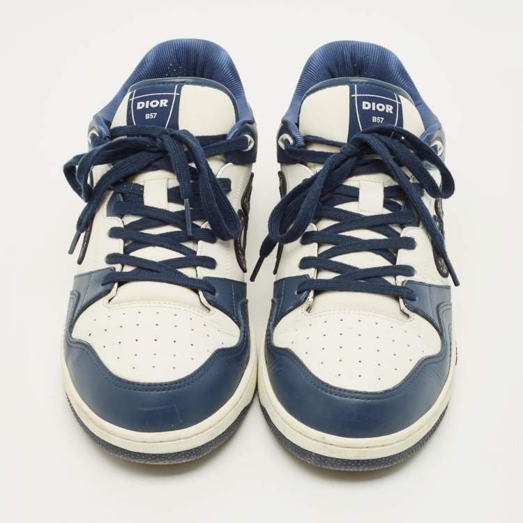 Pre Owned Dior B57 Size 45 White/Navy Blue Leather Dribble Lace Up Sneakers