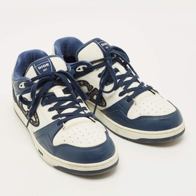 Pre Owned Dior B57 Size 45 White/Navy Blue Leather Dribble Lace Up Sneakers