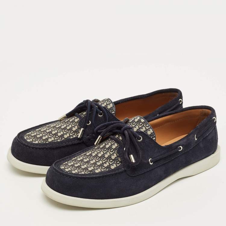 Pre Owned Dior Granville Size 44 Navy Blue/Beige Oblique Jacquard and Suede Lace Up Loafers