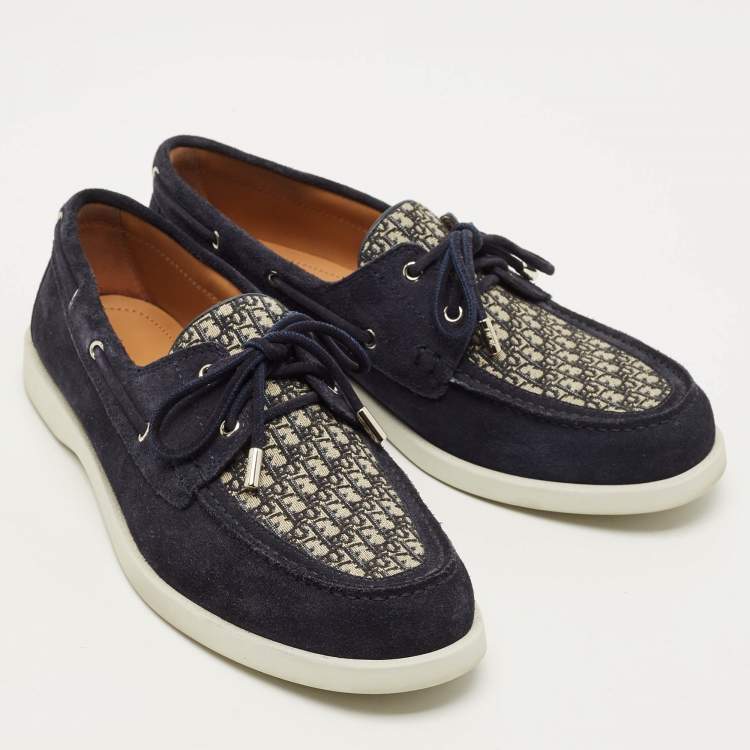 Pre Owned Dior Granville Size 44 Navy Blue/Beige Oblique Jacquard and Suede Lace Up Loafers