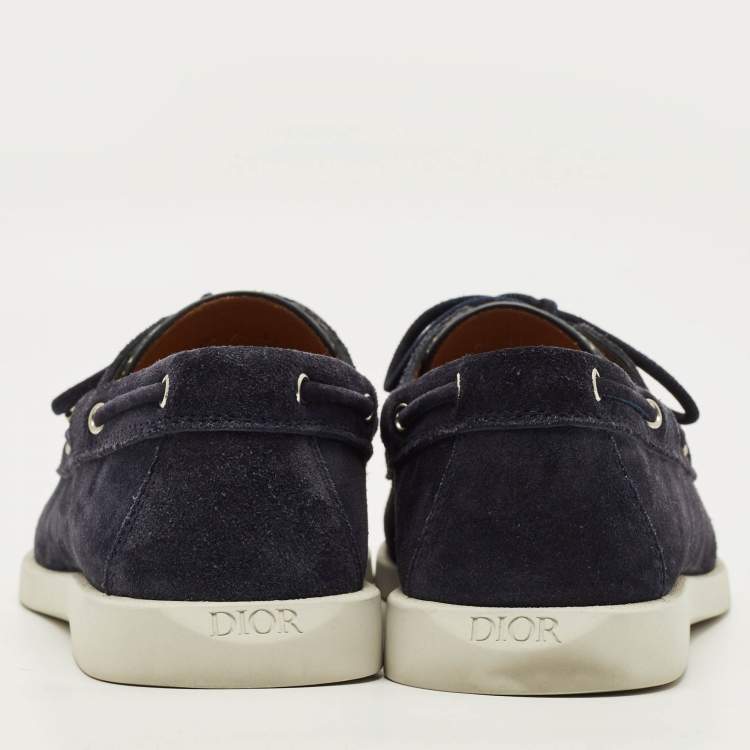 Pre Owned Dior Granville Size 44 Navy Blue/Beige Oblique Jacquard and Suede Lace Up Loafers