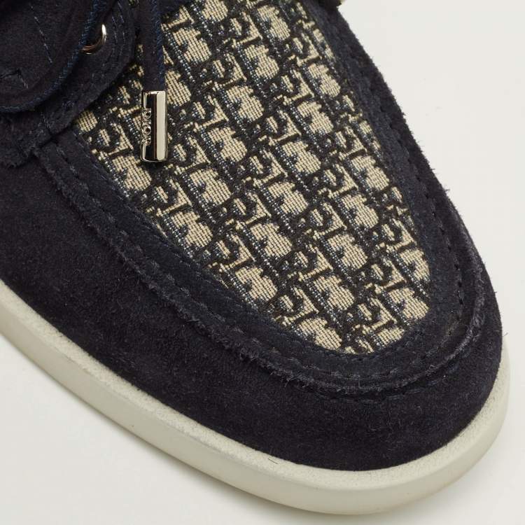 Pre Owned Dior Granville Size 44 Navy Blue/Beige Oblique Jacquard and Suede Lace Up Loafers