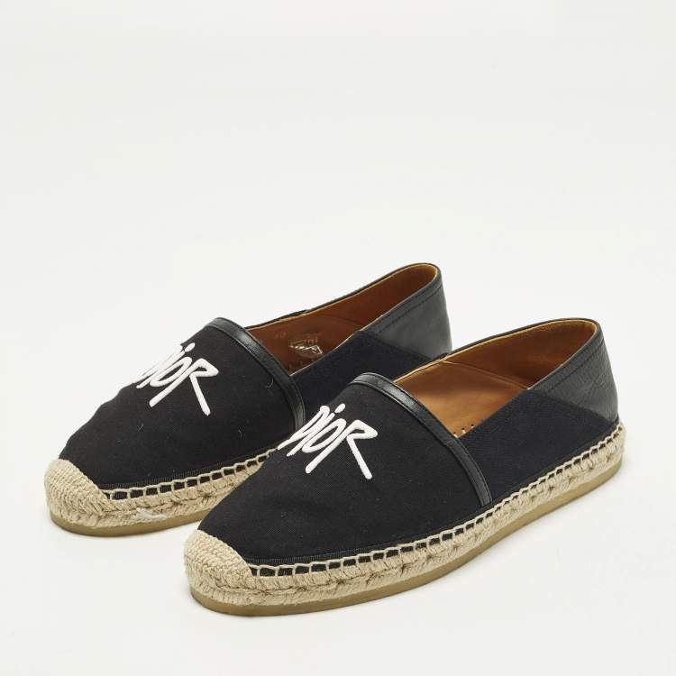 Pre Owned Dior Logo Embroidery Size 40 Black Canvas and Leather Slip On Espadrilles