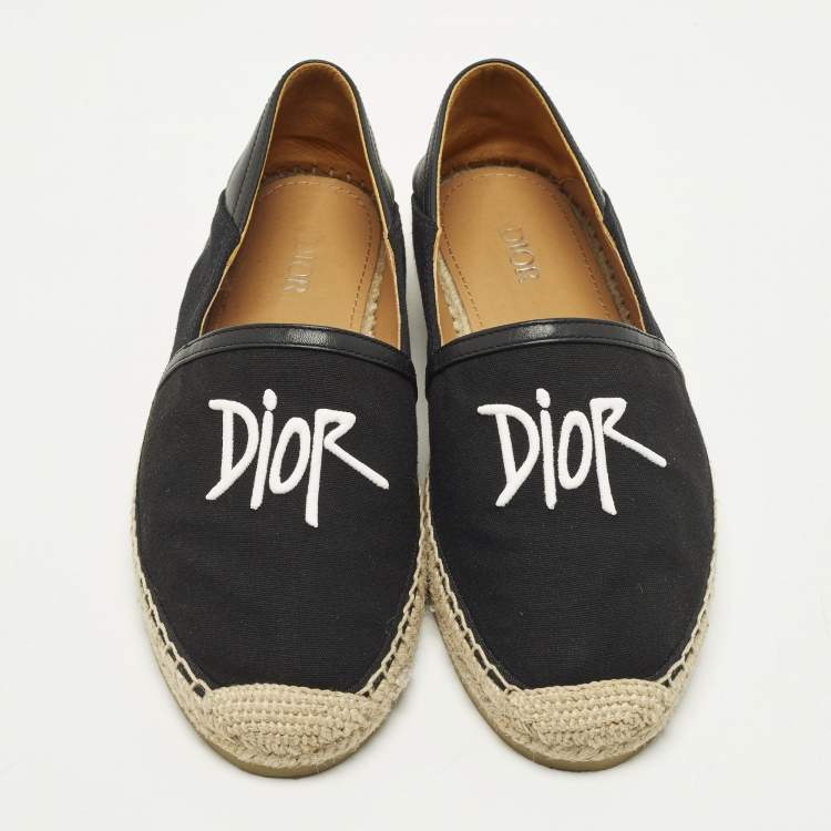 Pre Owned Dior Logo Embroidery Size 40 Black Canvas and Leather Slip On Espadrilles