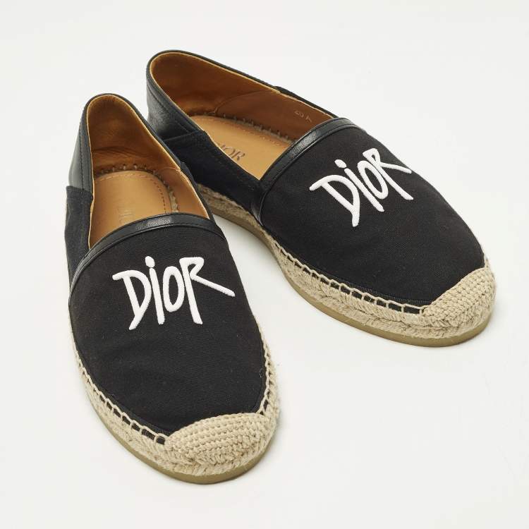 Pre Owned Dior Logo Embroidery Size 40 Black Canvas and Leather Slip On Espadrilles