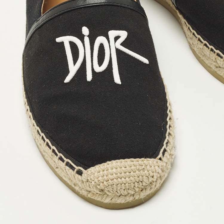 Pre Owned Dior Logo Embroidery Size 40 Black Canvas and Leather Slip On Espadrilles
