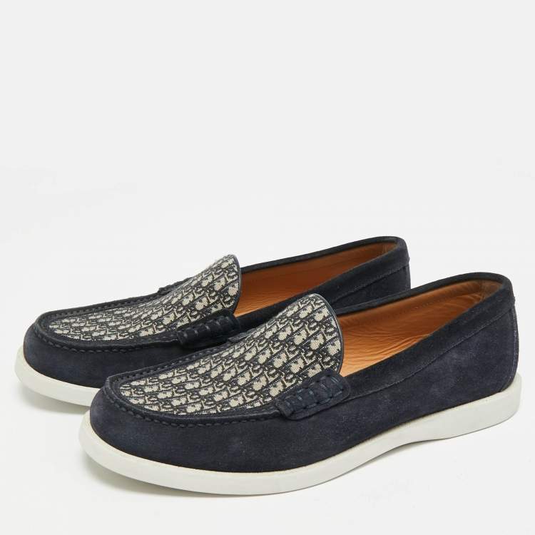 Pre Owned Dior Granville Size 41.5 Navy Blue Oblique Jacquard and Suede Loafers