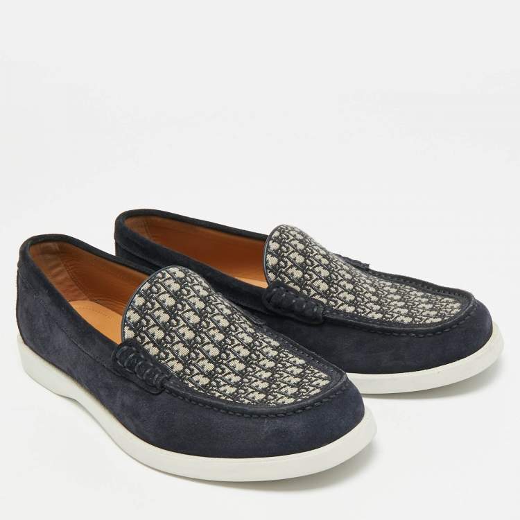 Pre Owned Dior Granville Size 41.5 Navy Blue Oblique Jacquard and Suede Loafers