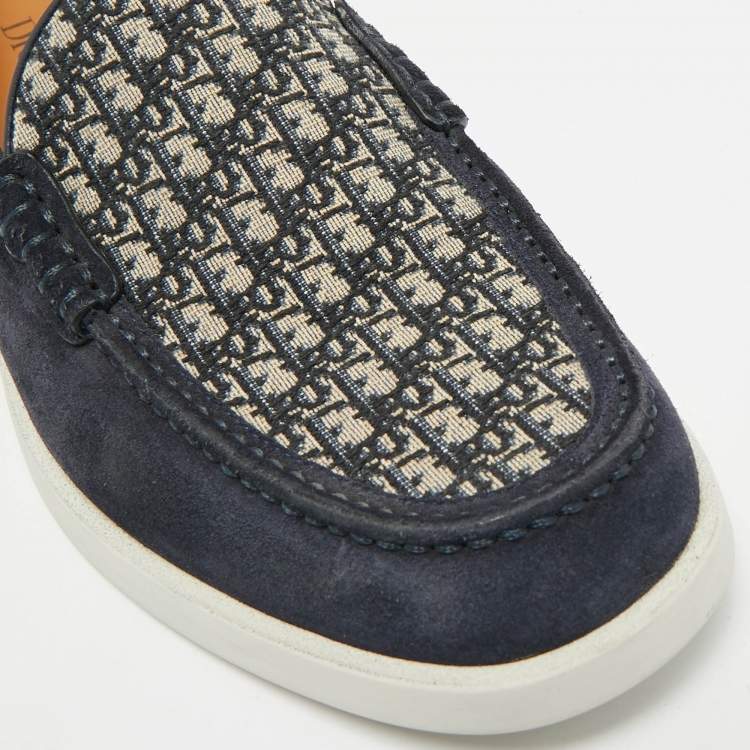 Pre Owned Dior Granville Size 41.5 Navy Blue Oblique Jacquard and Suede Loafers