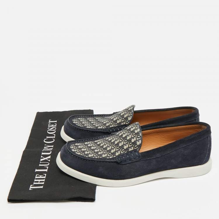 Pre Owned Dior Granville Size 41.5 Navy Blue Oblique Jacquard and Suede Loafers