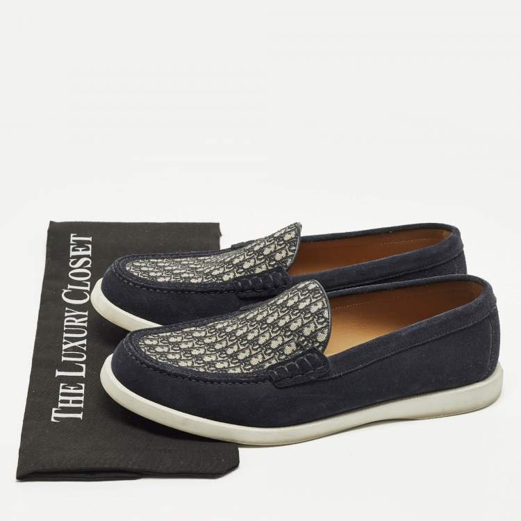 Pre Owned Dior Granville Size 41 Navy Blue Suede and Oblique Embroidered Canvas Loafers 