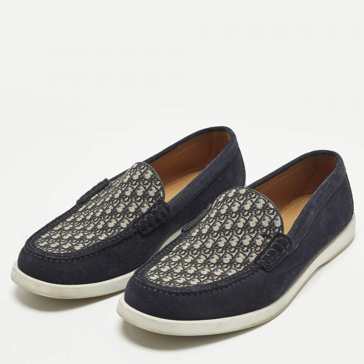 Pre Owned Dior Granville Size 41 Navy Blue Suede and Oblique Embroidered Canvas Loafers 