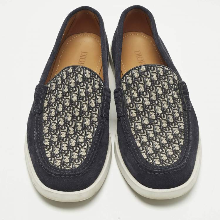 Pre Owned Dior Granville Size 41 Navy Blue Suede and Oblique Embroidered Canvas Loafers 