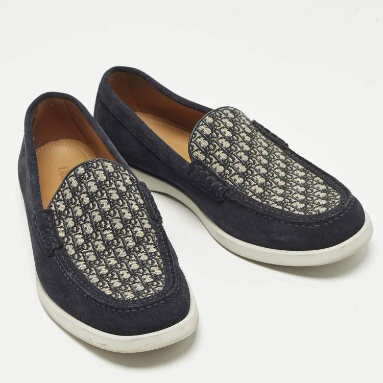 Pre Owned Dior Granville Size 41 Navy Blue Suede and Oblique Embroidered Canvas Loafers 