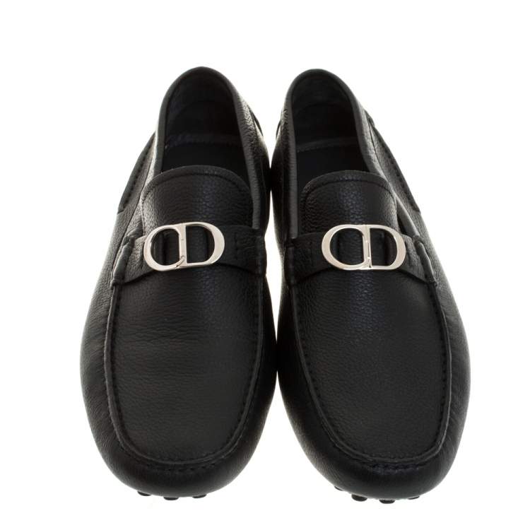 Pre Owned Dior Black Leather CD Logo Slip On Loafers Size 43.5