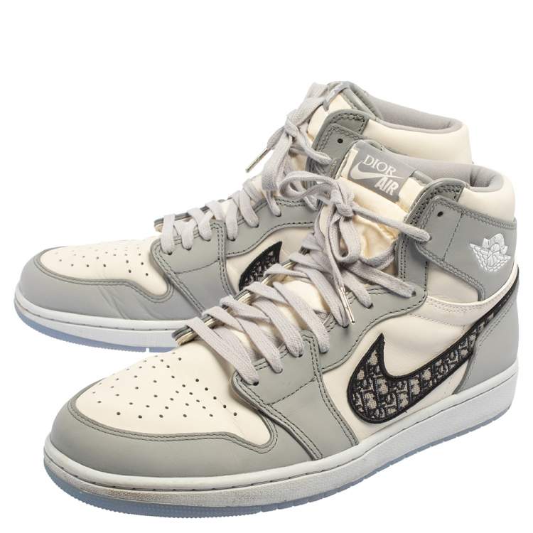 Pre Owned Jordan x Dior Grey/White Leather Air Jordan 1 Retro High Top Sneakers Size 46