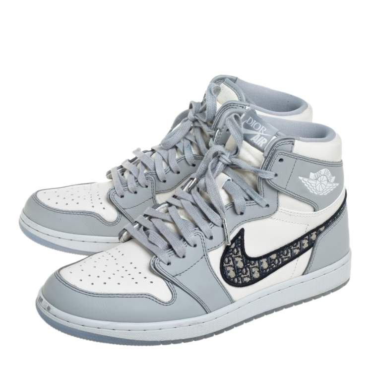 Pre Owned Jordan x Dior Grey/White Leather Air Jordan 1 Retro High Top Sneakers Size 43