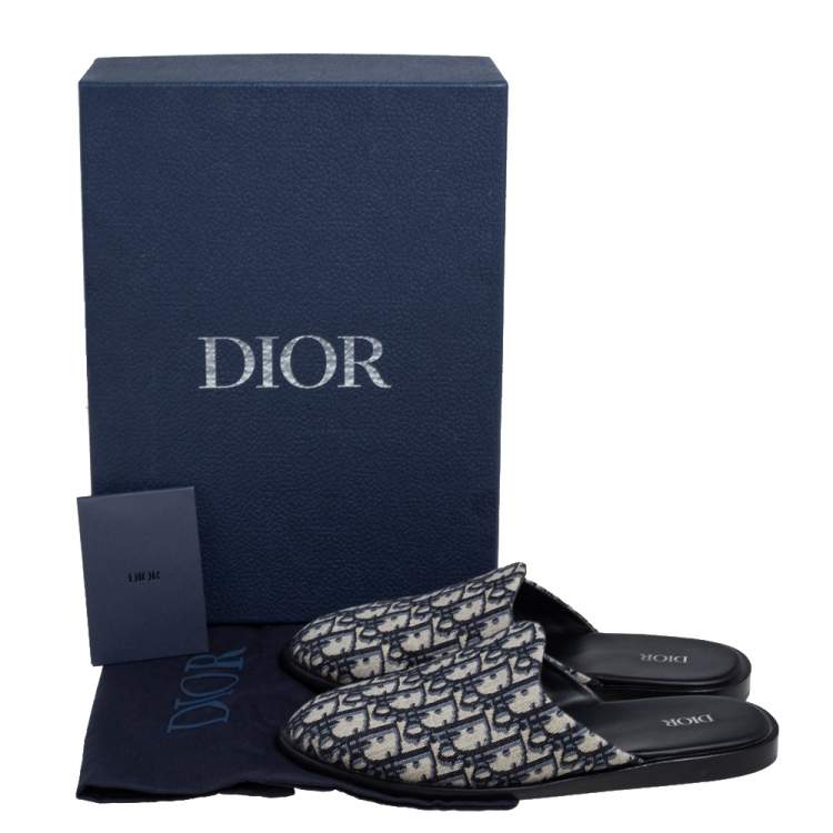 Pre Owned Dior Blue/Beige Oblique Embroidered Cotton Fabric Mules Size 41