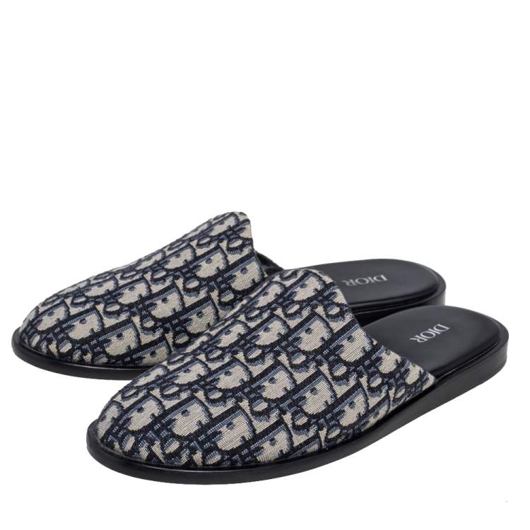 Pre Owned Dior Blue/Beige Oblique Embroidered Cotton Fabric Mules Size 41