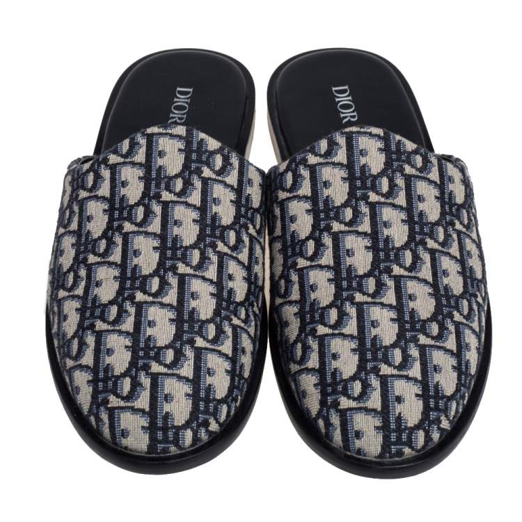 Pre Owned Dior Blue/Beige Oblique Embroidered Cotton Fabric Mules Size 41