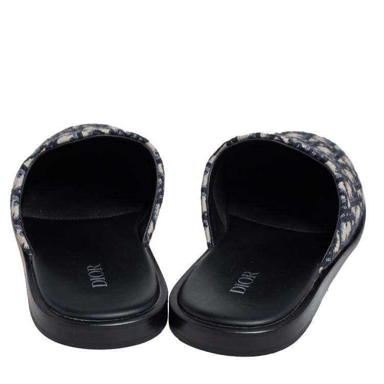 Pre Owned Dior Blue/Beige Oblique Embroidered Cotton Fabric Mules Size 41