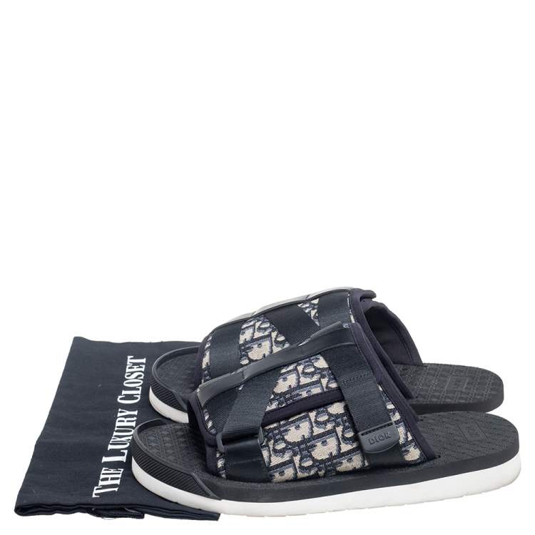 Pre Owned Dior Navy Blue Oblique Canvas Alpha Slide Flats Size 42